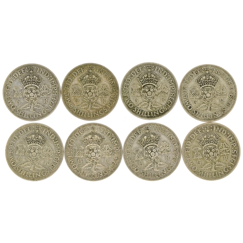 1909 - Eight George VI two shillings, 1938 - 1945, 89.6g