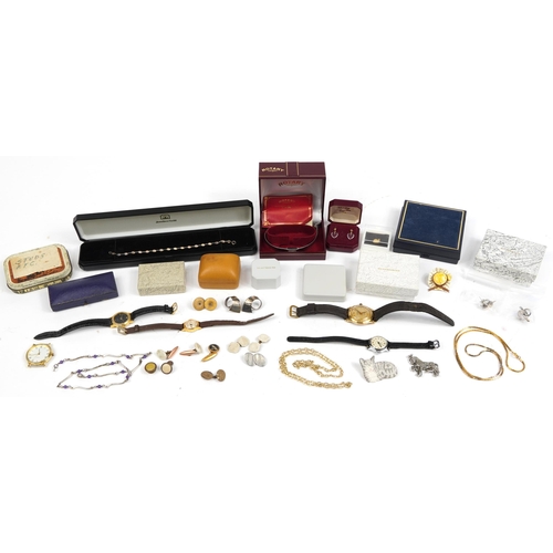 2634 - Vintage and later costume jewellery and wristwatches including necklaces, cufflinks and a silver bra... 