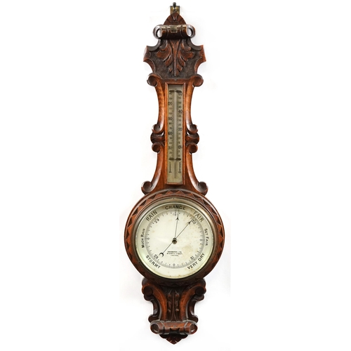 160 - Carved oak barometer, the dial  inscribed Chadburns Ltd, 47 Castle Street Liverpool, 85cm high