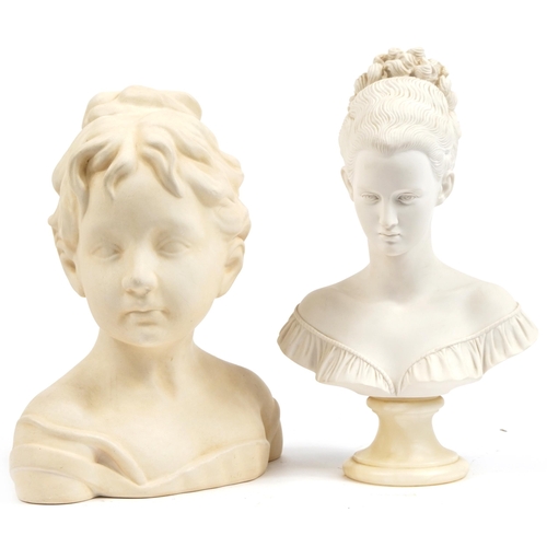 1469 - Two parian style busts of young females, the largest 34cm high