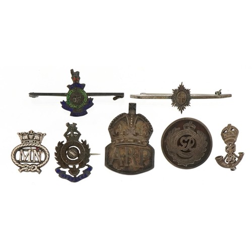 1773 - Military and naval interest silver brooches and lapels including tortoiseshell Royal Engineers, ARP ... 