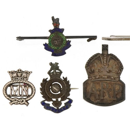 1773 - Military and naval interest silver brooches and lapels including tortoiseshell Royal Engineers, ARP ... 