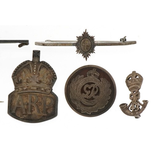 1773 - Military and naval interest silver brooches and lapels including tortoiseshell Royal Engineers, ARP ... 