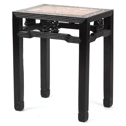 856 - Chinese hardwood table with mother of pearl inlay and inset marble top, possibly Hongmu, 52cm H x 42... 