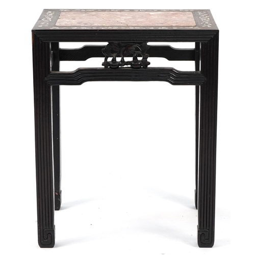 856 - Chinese hardwood table with mother of pearl inlay and inset marble top, possibly Hongmu, 52cm H x 42... 