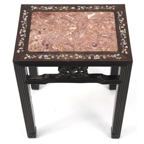 856 - Chinese hardwood table with mother of pearl inlay and inset marble top, possibly Hongmu, 52cm H x 42... 