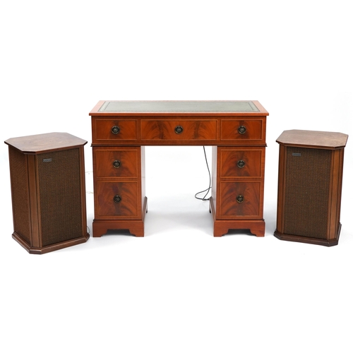 855 - Yew twin pedestal desk gramophone cabinet housing a Garrard SP25MKV turntable, Dynatron tuner amplif... 