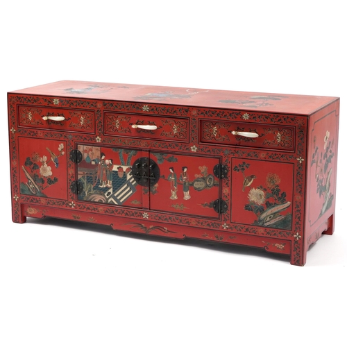 851 - Chinese red lacquered chinoiserie side cabinet with carved hardstone handles, 49cm H x 110cm W x 38c... 