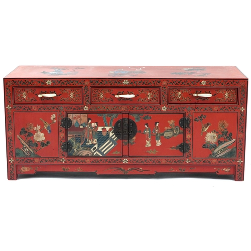 851 - Chinese red lacquered chinoiserie side cabinet with carved hardstone handles, 49cm H x 110cm W x 38c... 