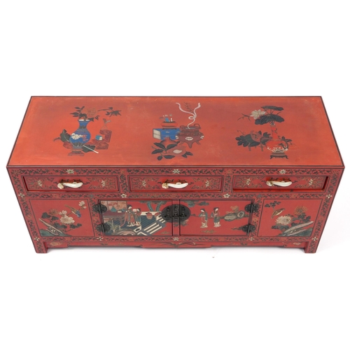 851 - Chinese red lacquered chinoiserie side cabinet with carved hardstone handles, 49cm H x 110cm W x 38c... 