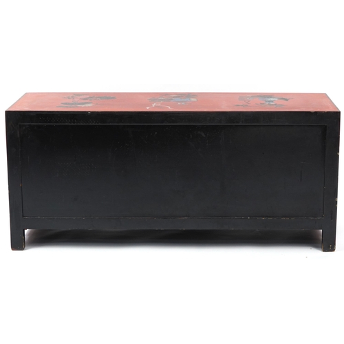 851 - Chinese red lacquered chinoiserie side cabinet with carved hardstone handles, 49cm H x 110cm W x 38c... 