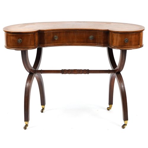 854 - Inlaid mahogany kidney shaped dressing table with three drawers, 71cm H x 101cm W x 55cm D