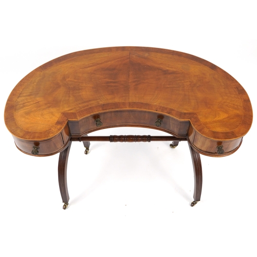 854 - Inlaid mahogany kidney shaped dressing table with three drawers, 71cm H x 101cm W x 55cm D