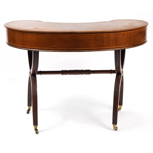 854 - Inlaid mahogany kidney shaped dressing table with three drawers, 71cm H x 101cm W x 55cm D