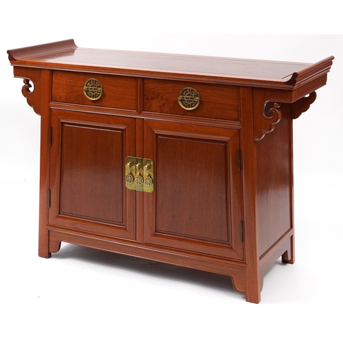 853 - Chinese hardwood side cabinet with a pair of drawers above a pair of cupboard doors, 84cm H x 118cm ... 