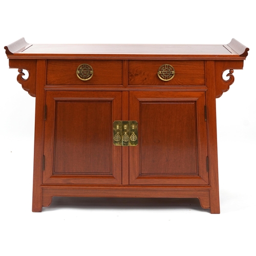 853 - Chinese hardwood side cabinet with a pair of drawers above a pair of cupboard doors, 84cm H x 118cm ... 