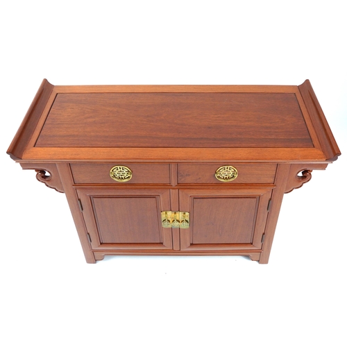 853 - Chinese hardwood side cabinet with a pair of drawers above a pair of cupboard doors, 84cm H x 118cm ... 