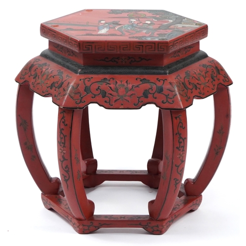 850 - Chinese red lacquered chinoiserie occasional table, 48cm H x 52cm W x 46cm D