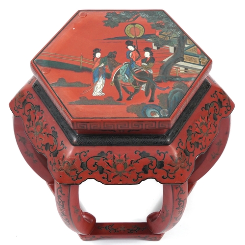 850 - Chinese red lacquered chinoiserie occasional table, 48cm H x 52cm W x 46cm D