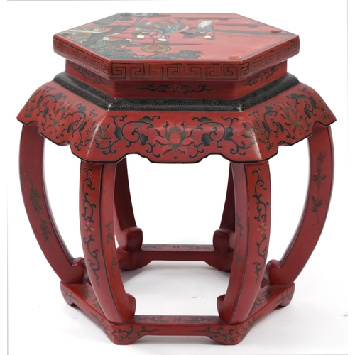 850 - Chinese red lacquered chinoiserie occasional table, 48cm H x 52cm W x 46cm D