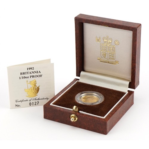 1883 - Elizabeth II 1992 Britannia 1/10 oz proof gold coin by The Royal Mint with certificate numbered 0027... 