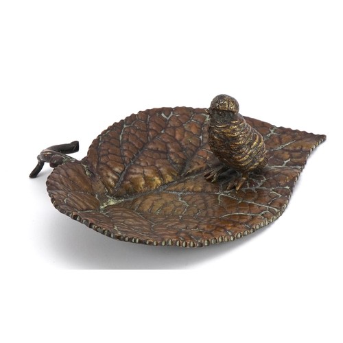 347 - Manner of Franz Xaver Bergmann, patinated bronze dish in the form of a bird on a leaf, 16cm wide