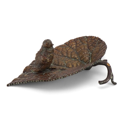 347 - Manner of Franz Xaver Bergmann, patinated bronze dish in the form of a bird on a leaf, 16cm wide