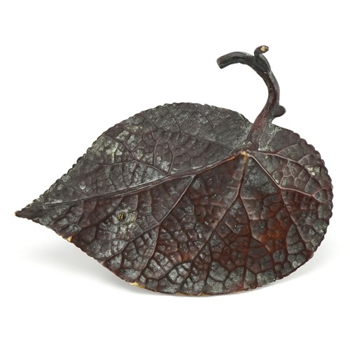 347 - Manner of Franz Xaver Bergmann, patinated bronze dish in the form of a bird on a leaf, 16cm wide