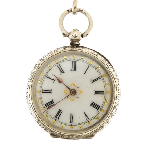 2572 - Silver ladies open face pocket watch with enamelled dial on aesthetic watch chain with tassel, the c... 