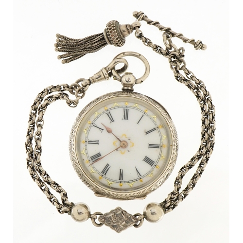 2572 - Silver ladies open face pocket watch with enamelled dial on aesthetic watch chain with tassel, the c... 