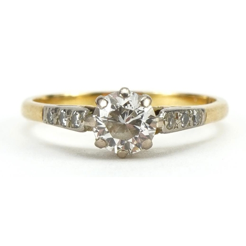 2052 - 18ct gold diamond solitaire ring with diamond set shoulders, the diamond solitaire approximately 0.5... 