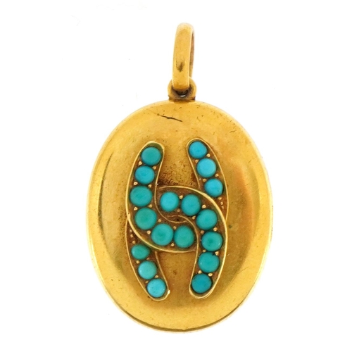 2059 - Victorian royal interest unmarked gold, enamel and turquoise set locket with entwined M M monogram a... 