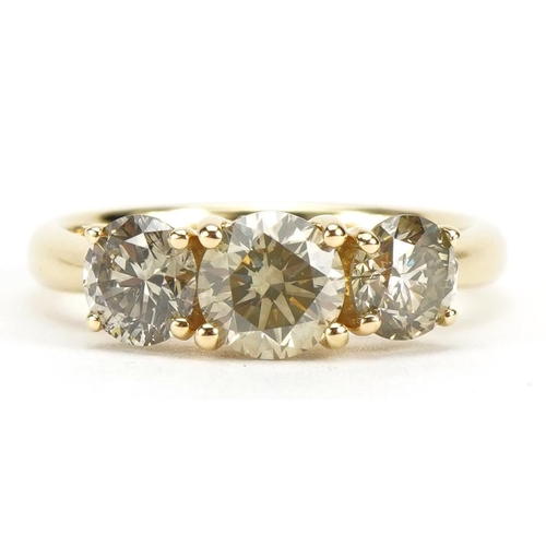 2064 - 18ct gold diamond three stone ring, total diamond weight approximately 1.83 carat, with certificate,... 