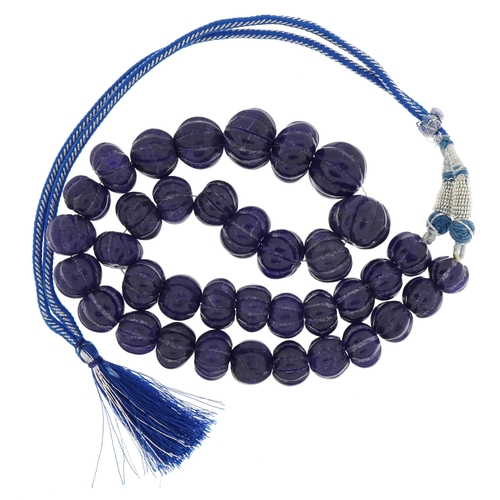 2585 - Large carved blue onyx bead necklace with adjustable cord, total blue onyx weight approximately 875 ... 