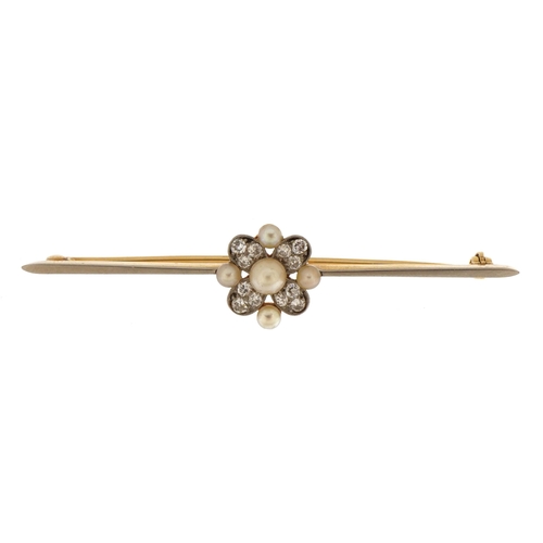 2116 - Unmarked gold and white metal diamond and pearl flower head bar brooch, 6.4cm wide, 6.1g