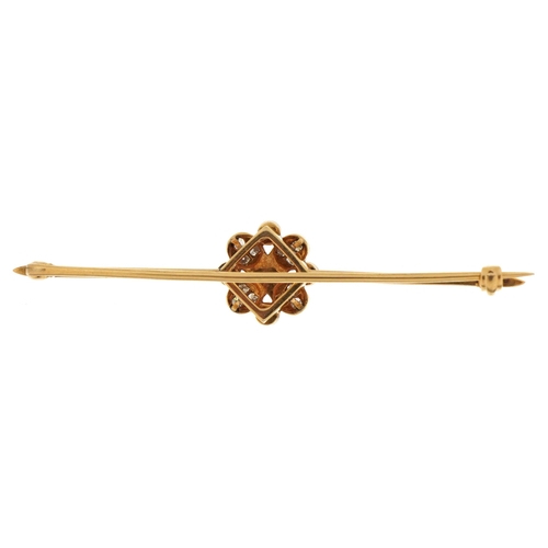 2116 - Unmarked gold and white metal diamond and pearl flower head bar brooch, 6.4cm wide, 6.1g