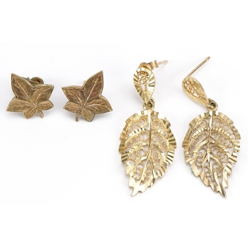 2569 - Two pairs of 9ct gold leaf design earrings including a pair of maple leaf studs, the largest 3.5cm h... 