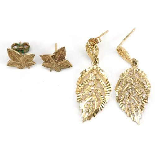 2569 - Two pairs of 9ct gold leaf design earrings including a pair of maple leaf studs, the largest 3.5cm h... 