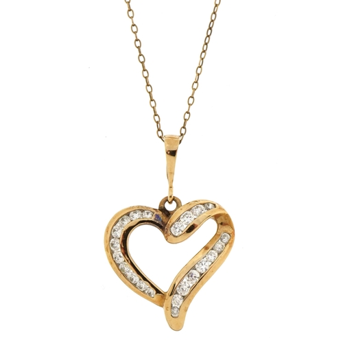 2588 - 9ct gold clear stone love heart pendant on a 9ct gold Belcher link necklace, 3.2cm high and 48cm in ... 