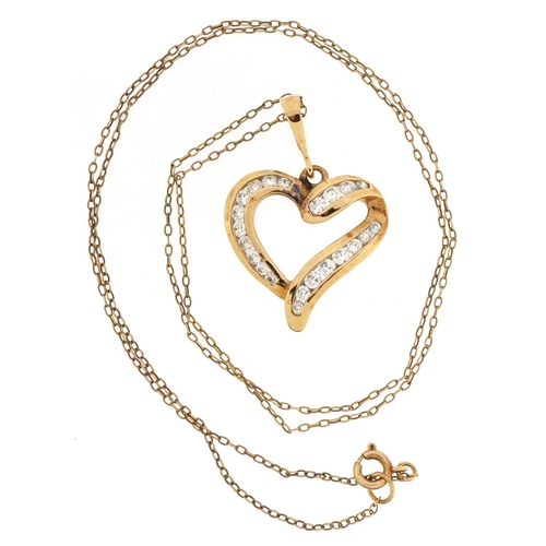 2588 - 9ct gold clear stone love heart pendant on a 9ct gold Belcher link necklace, 3.2cm high and 48cm in ... 