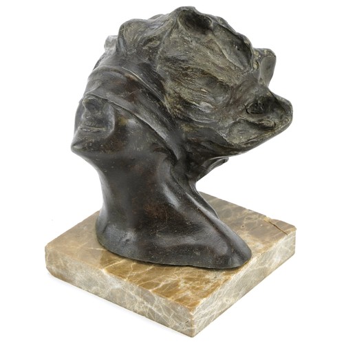 341 - Patinated bronze bust of a blindfolded female raised on a square marble base, 14.5cm high