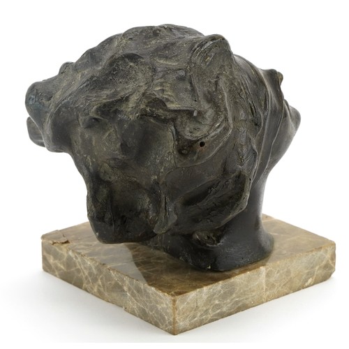 341 - Patinated bronze bust of a blindfolded female raised on a square marble base, 14.5cm high