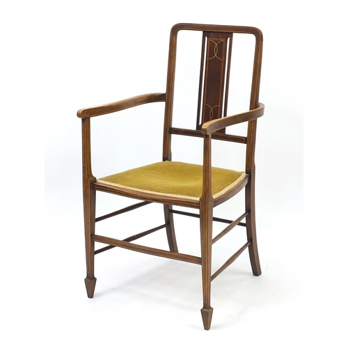 836 - Inlaid mahogany elbow chair, 96cm high