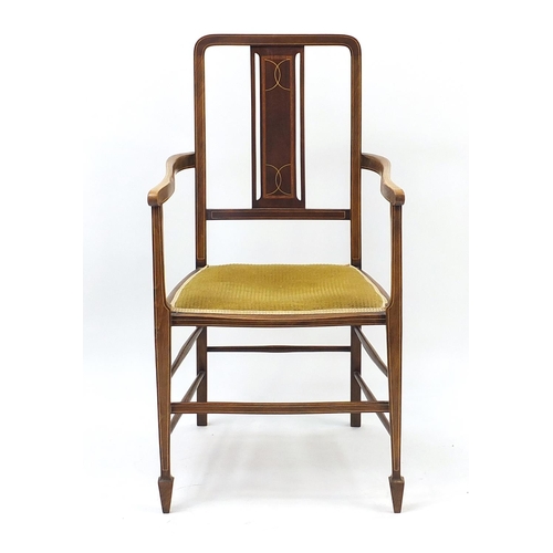 836 - Inlaid mahogany elbow chair, 96cm high