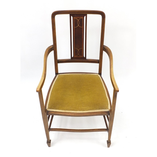 836 - Inlaid mahogany elbow chair, 96cm high