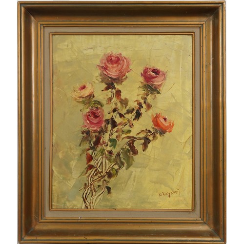 411 - Still life roses, Greek school oil on board, stamp verso, mounted and framed, 39cm x 31cm excluding ... 