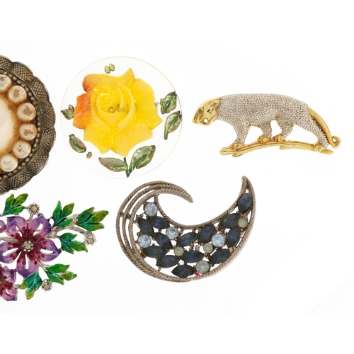 2596 - Seven vintage costume jewellery brooches including plastic rose and a leopard, the largest 7cm wide