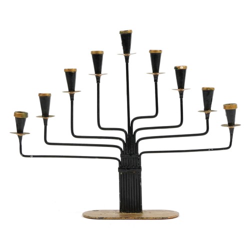 1245 - Vintage brass nine branch Jewish menorah, 30cm high