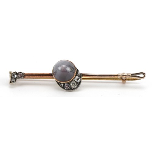 2119 - Equestrian interest unmarked gold cabochon star sapphire and diamond bar brooch in the form of a joc... 