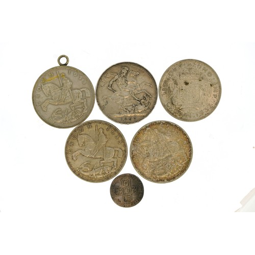 1910 - British and world coinage including 1897 crown, two rocking horse crowns and 1757 shilling